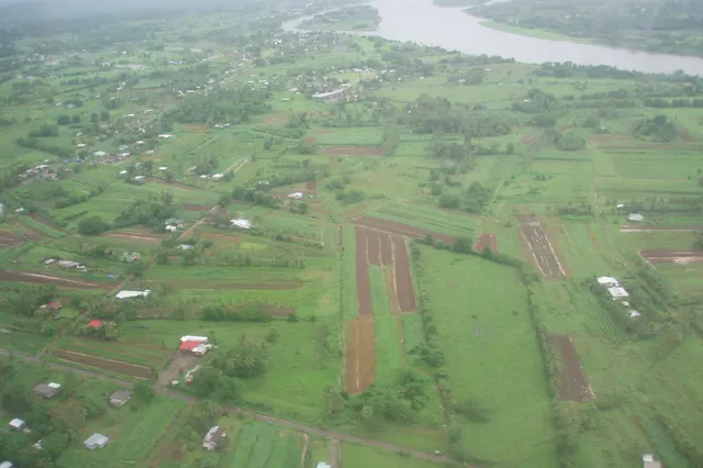 Small farms, garden plots and houses on the flat land beside the Rewa River at Nausori, seen from the air
