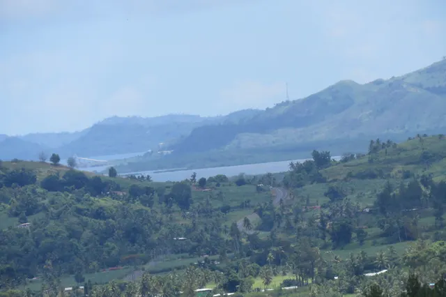 Green hills and coconut palms on Vanua Levu, with a bay and mountains behind
