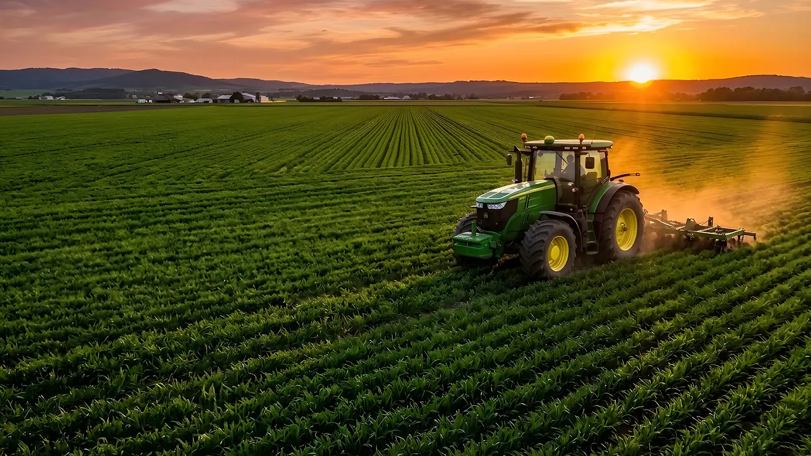 A tractor working a green crop paddock at sunset