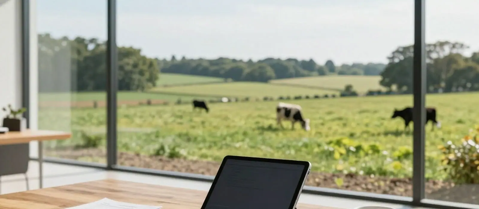 A laptop open on a table looking out over farmland