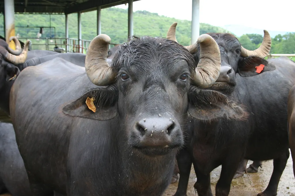 Black Murrah dairy buffaloes with curled horns, ear-tagged, standing together by an open shed at the Philippine Carabao Center in Maramag, Bukidnon