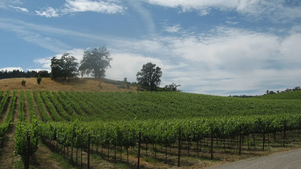 Rows of grape vines on a gentle slope with oak trees and a blue sky in the Russian River Valley, Sonoma County, California
