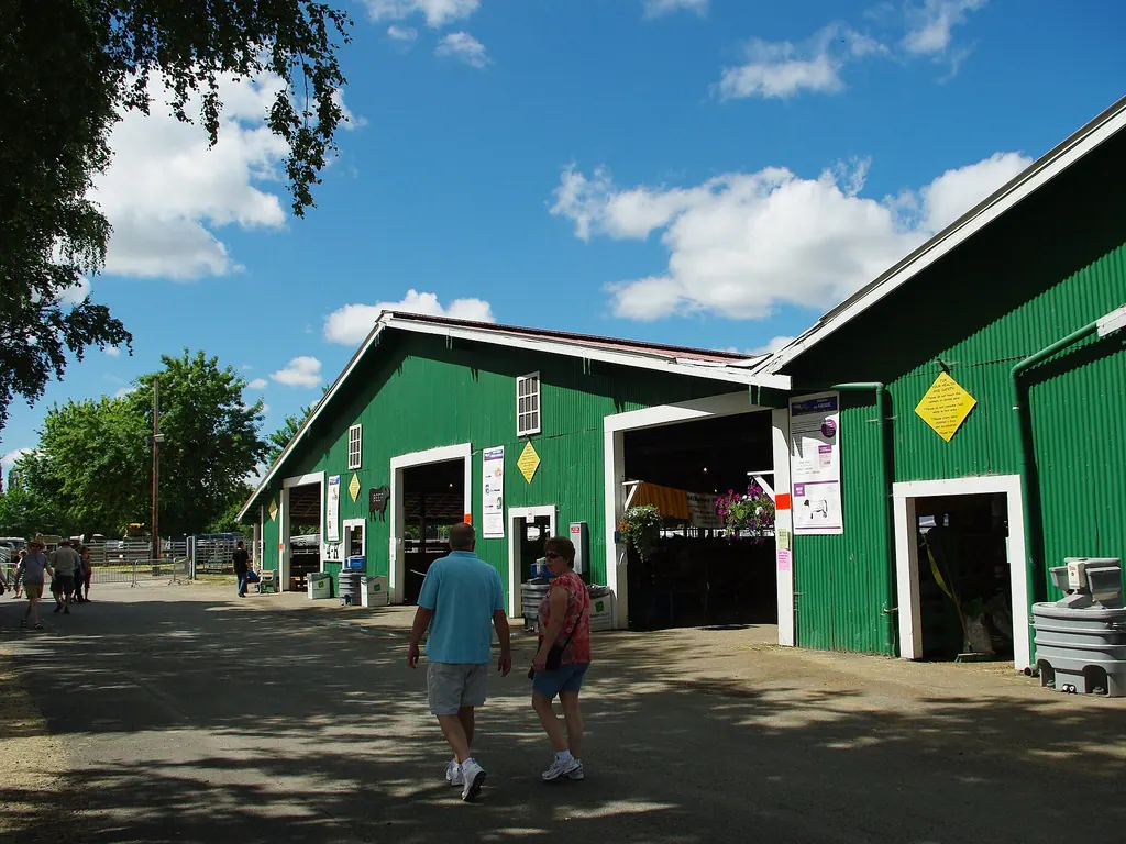 Green livestock barns at the Washington County Fair in Hillsboro, Oregon