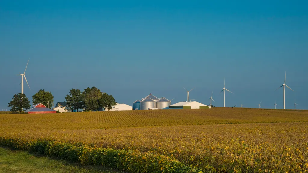 Soybean and corn fields turning gold in September, with a farmstead, grain bins and wind turbines behind, near Bishop Hill, Illinois