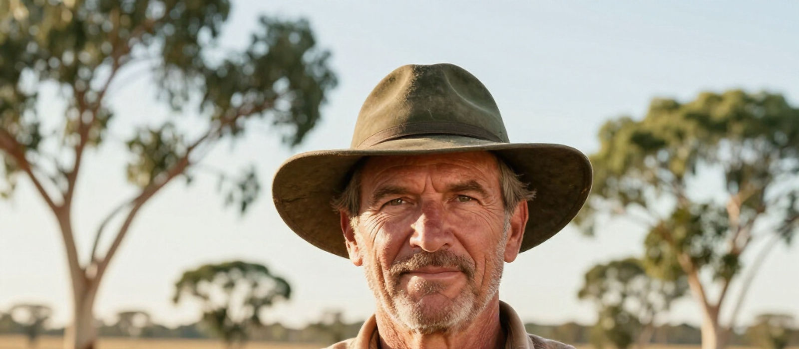 A farmer with his arms folded, standing in a dry field with gum trees behind him