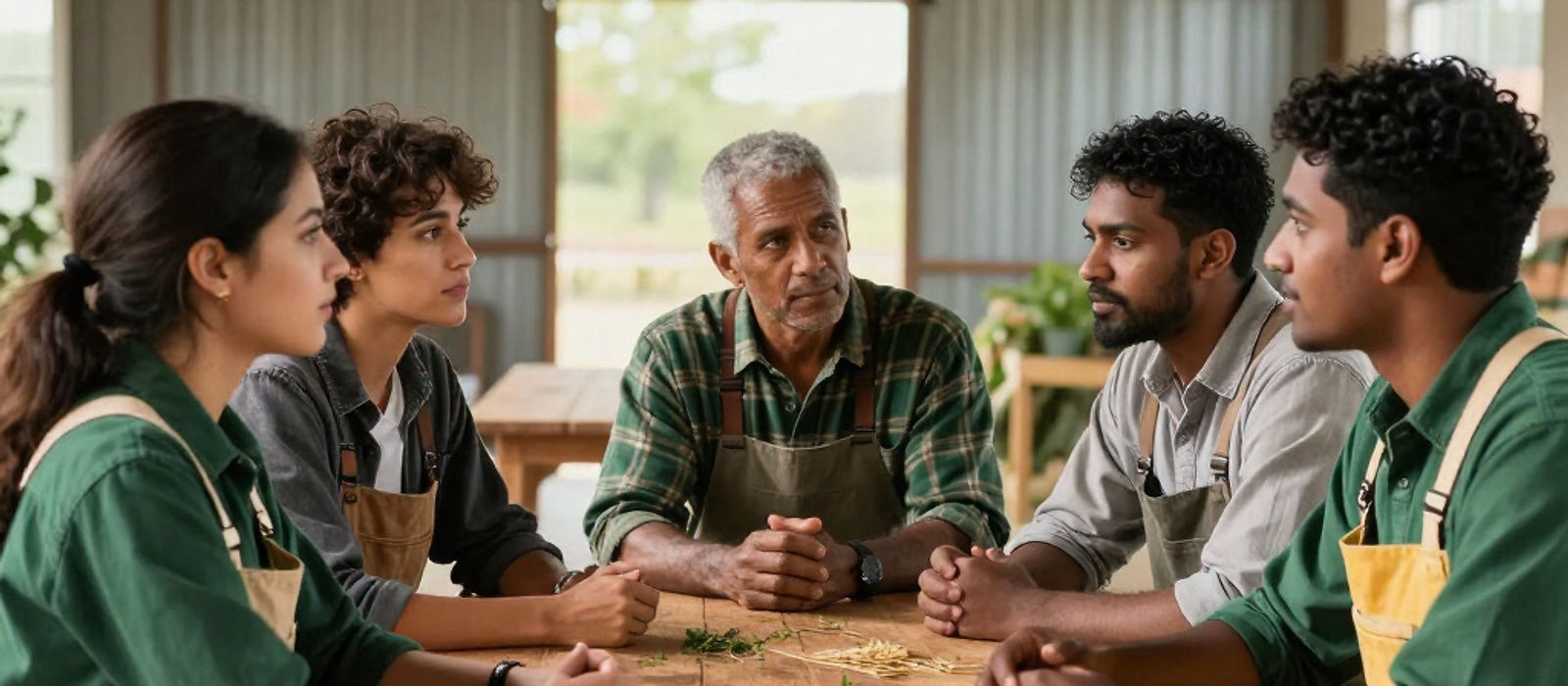 A REALM team meeting around a table in a farm shed