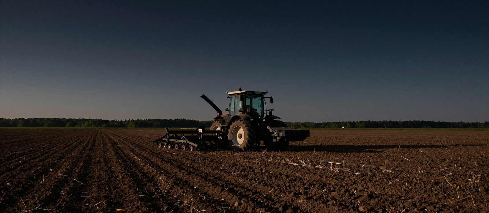 A tractor working a field at dusk