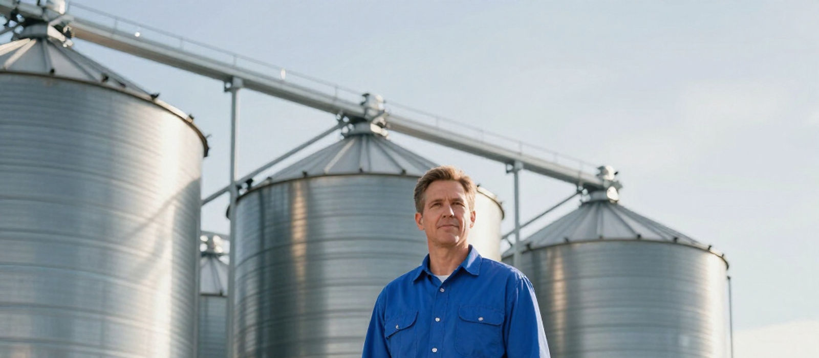 A man standing in front of a row of steel grain silos with hopper bottoms